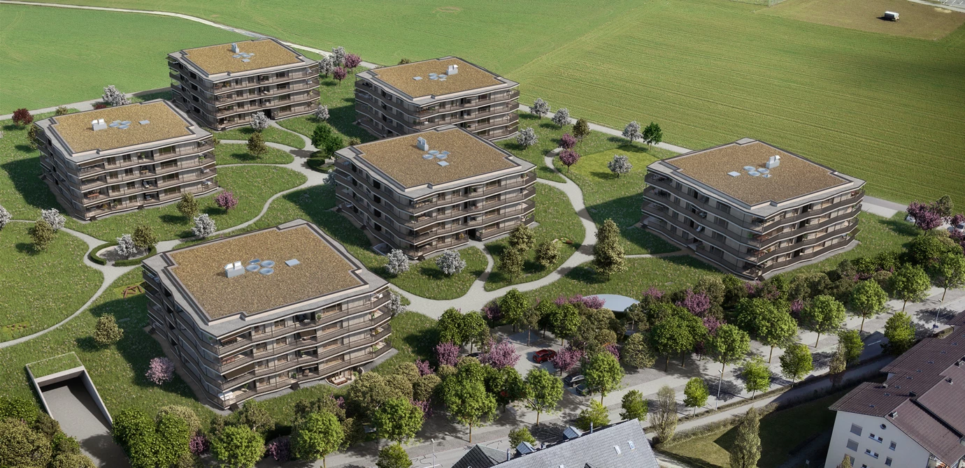 Die neue Wohnüberbauung "Neumatt Park" in Stein, Kanton St. Gallen. (Bildnachweis: Fortimo Invest, St. Gallen)